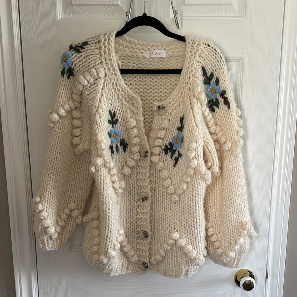 Cozy Cream Knit Sweater with Floral Embroidery and bubble sleeves 🌼